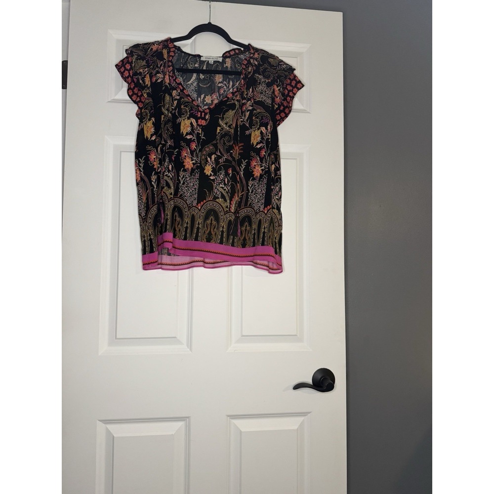 Rose Olive Short Sleeve Top Xl Black W Multicolor Floral Tie Neck